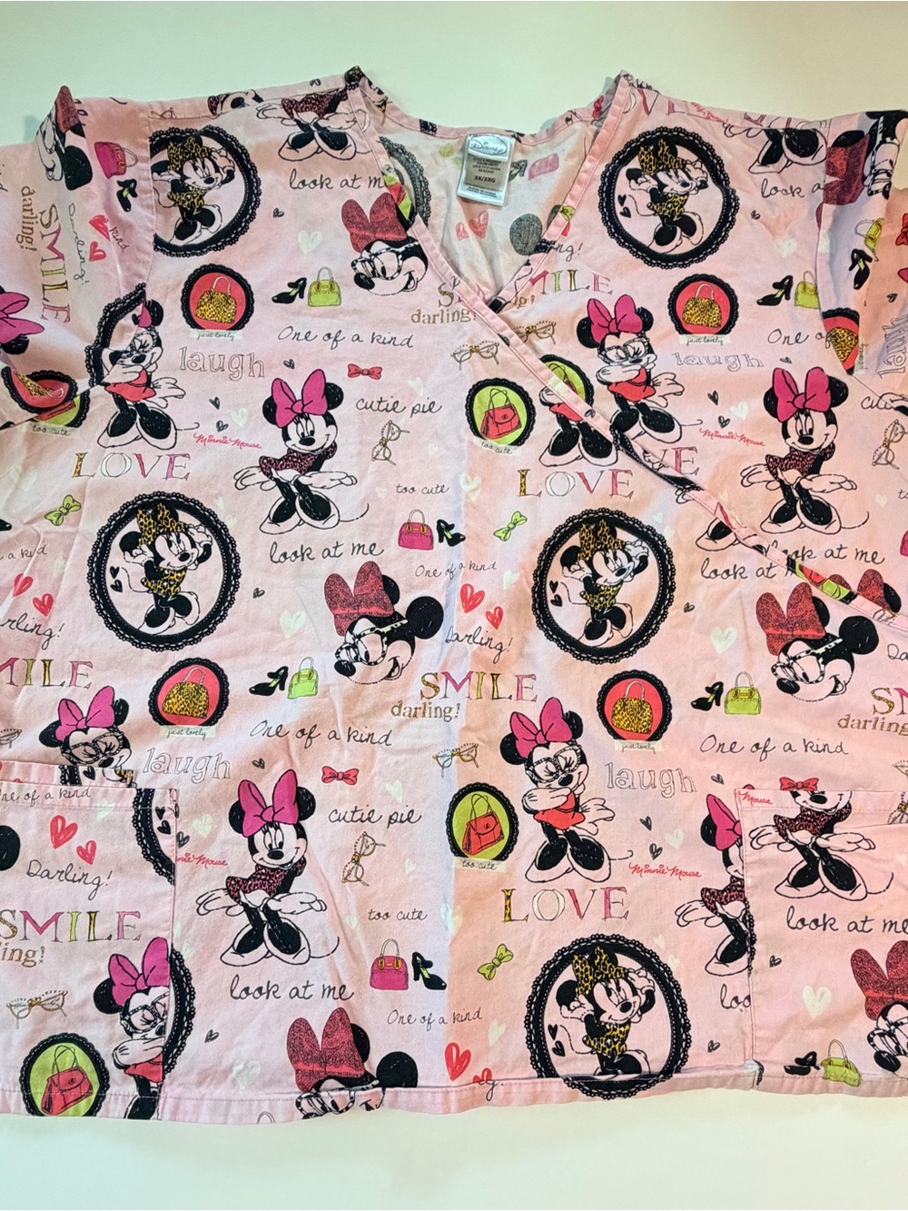 Disney Pink Minnie Mouse Print Scrub Top